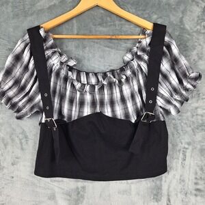 Womens Top 2XL Black Off Shoulder Cropped Grunge Plaid Edgy E-girl Cute Goth